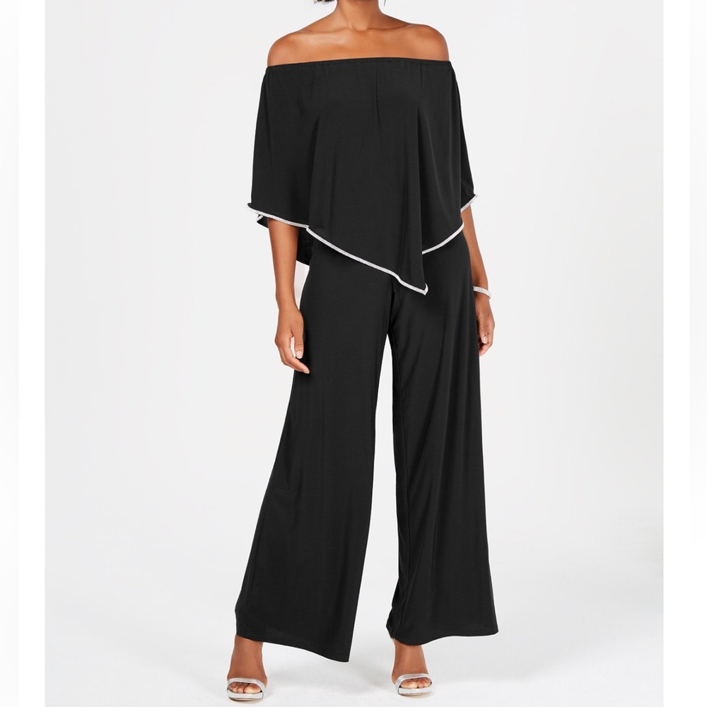 MSK Black Rhinestones Embellished Off-The-Shoulder Overlay Jumpsuit - Size Small